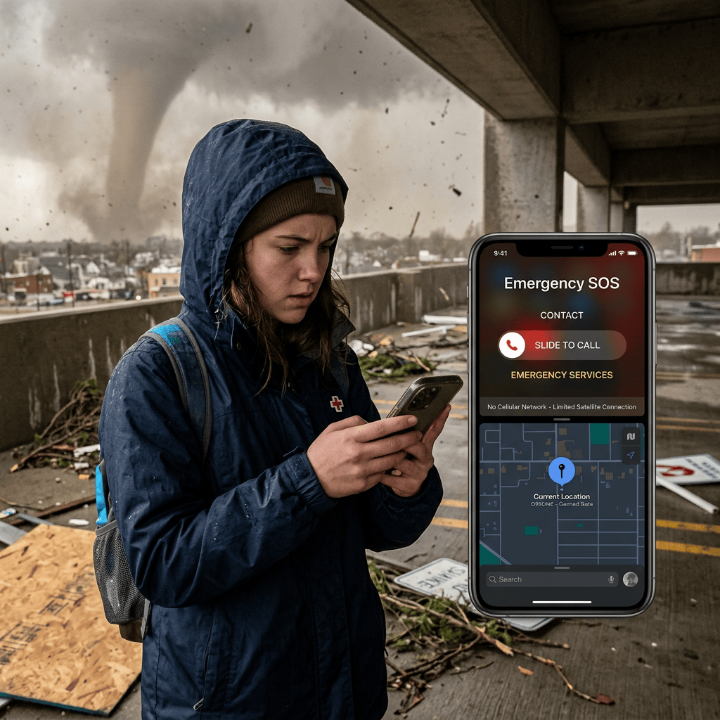 Person using phone beside Emergency SOS screen during tornado aftermath